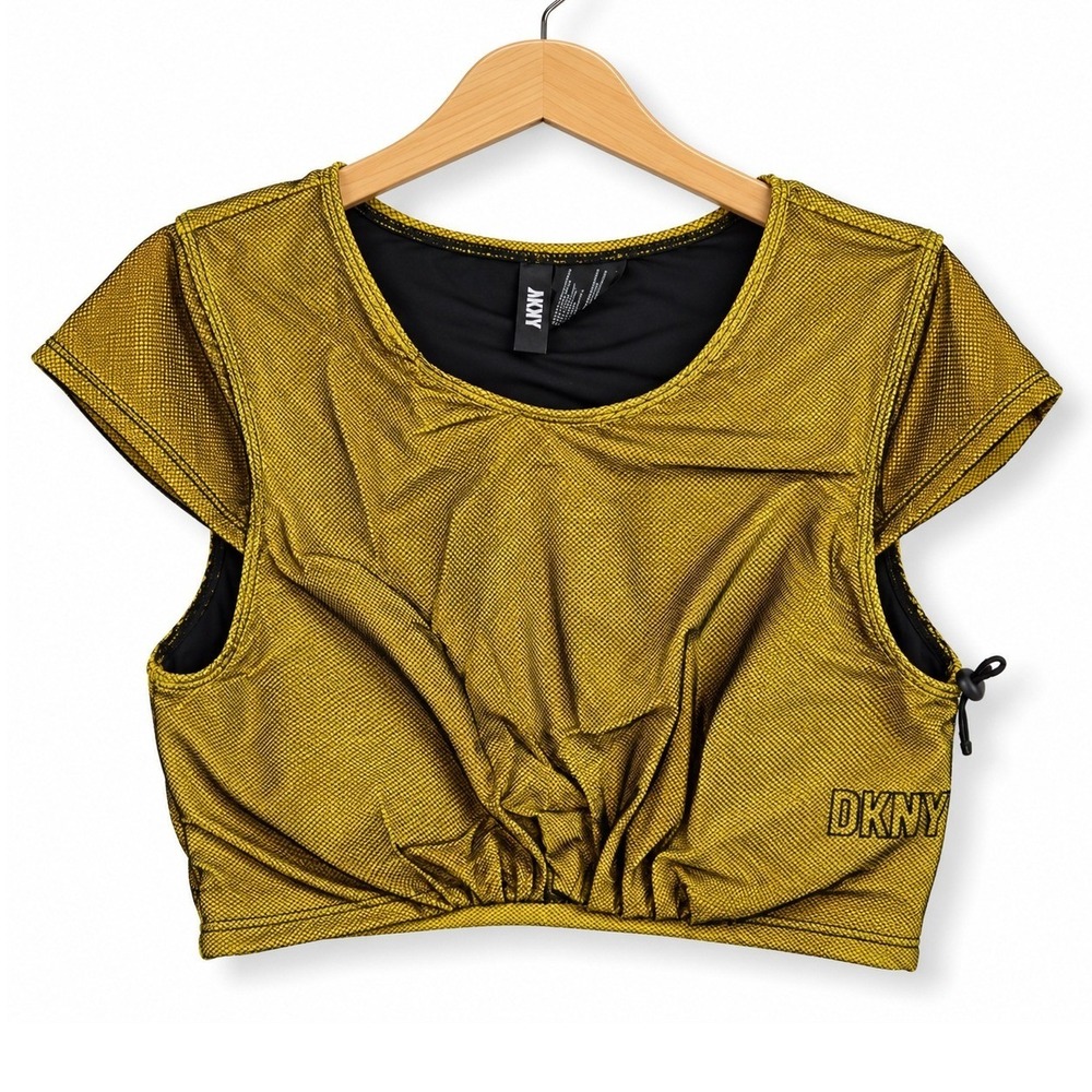 DKNY Crop Top Swimwear Womens Medium Gold Mesh Ruched Activewear Cyberpunk Rave